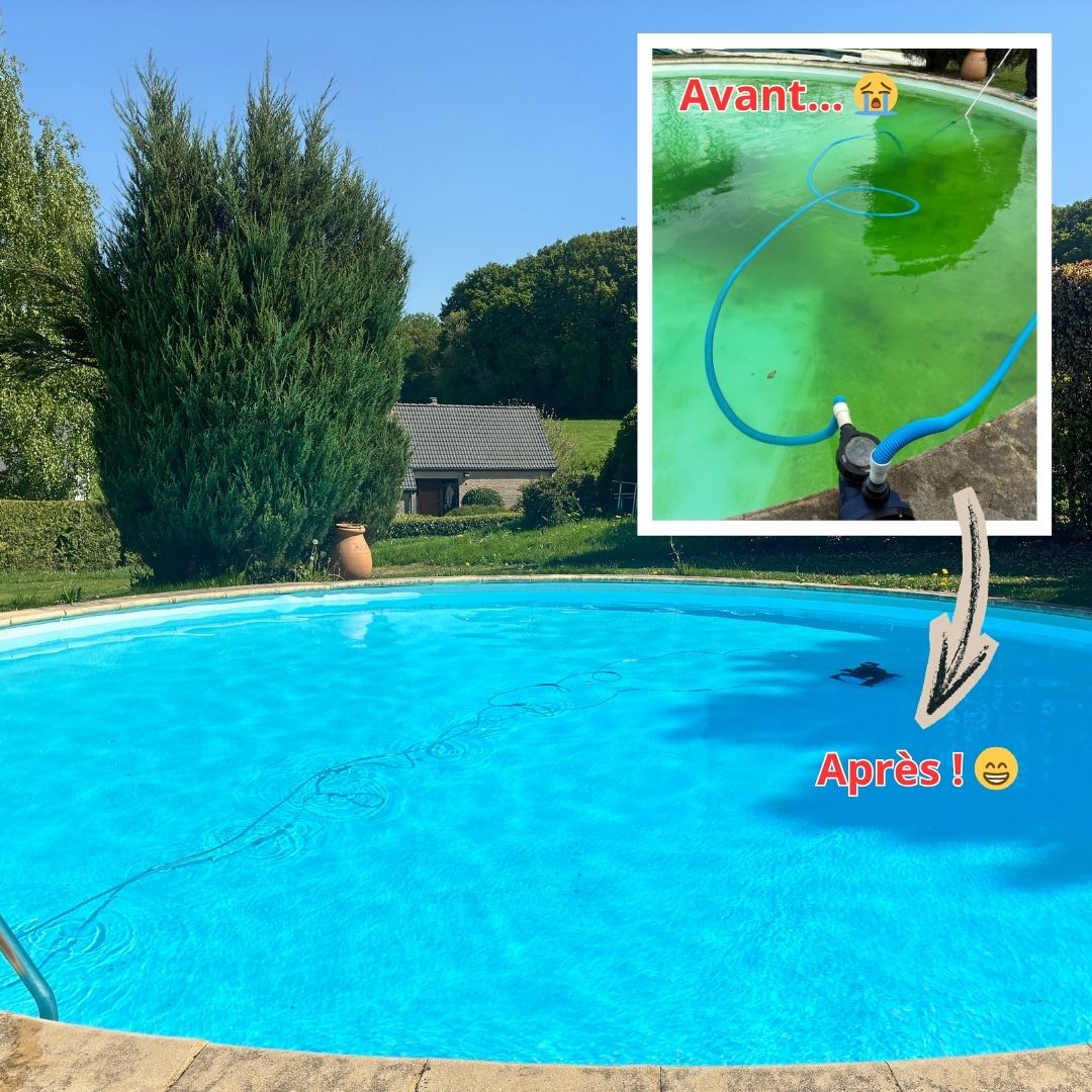 Avant après traitement eau verte piscine par Azur Piscine, eau cristalline